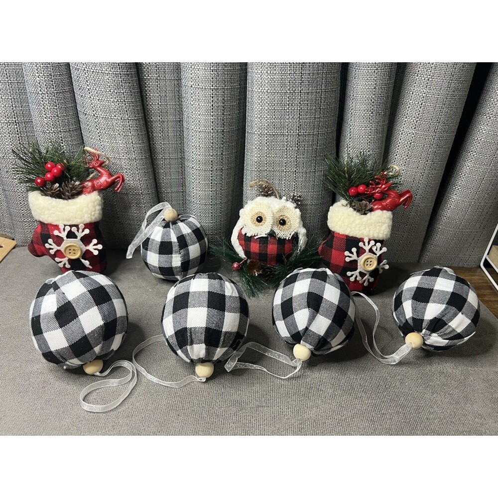 Hobby Lobby Buffalo Plaid Mitten Deer Owl Check Bauble Farmhouse Ornaments Lot
